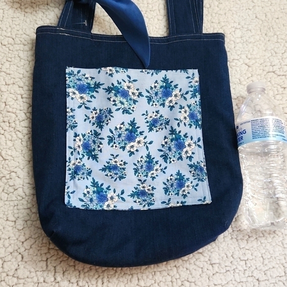 Double sided Handmade Denim Tote Spring Floral Pocket and Blue Bow Bird Artsy - Picture 6 of 10